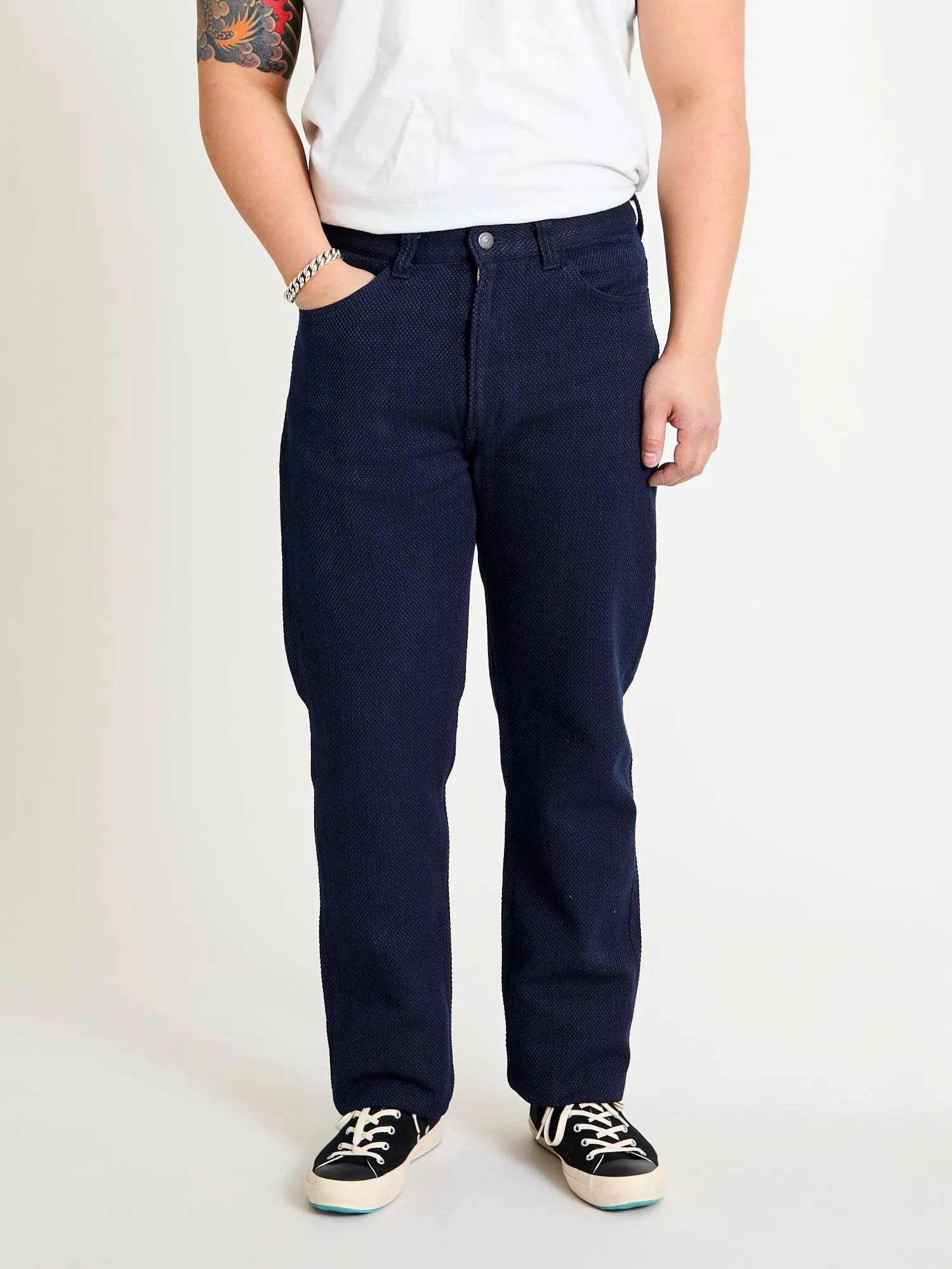 Fine Sashiko Hand Dyed 5-Pocket Pants in Indigo