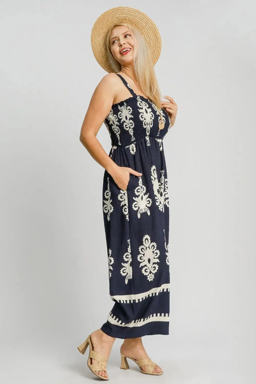 Full Size Smocked Printed Wide Leg Jumpsuit