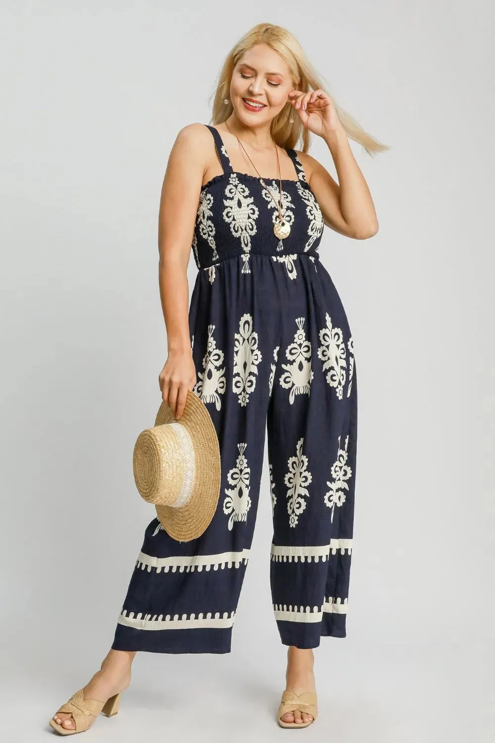 Full Size Smocked Printed Wide Leg Jumpsuit