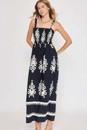 Full Size Smocked Printed Wide Leg Jumpsuit