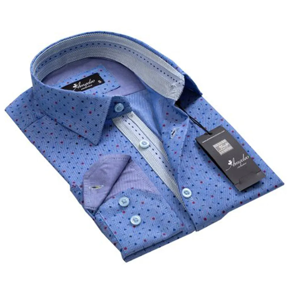 Geometric Denim Blue Mens Slim Fit Designer Dress Shirt - tailored Cotton Shirts for Work and Casual