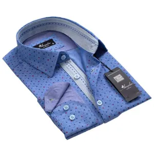 Geometric Denim Blue Mens Slim Fit Designer Dress Shirt - tailored Cotton Shirts for Work and Casual