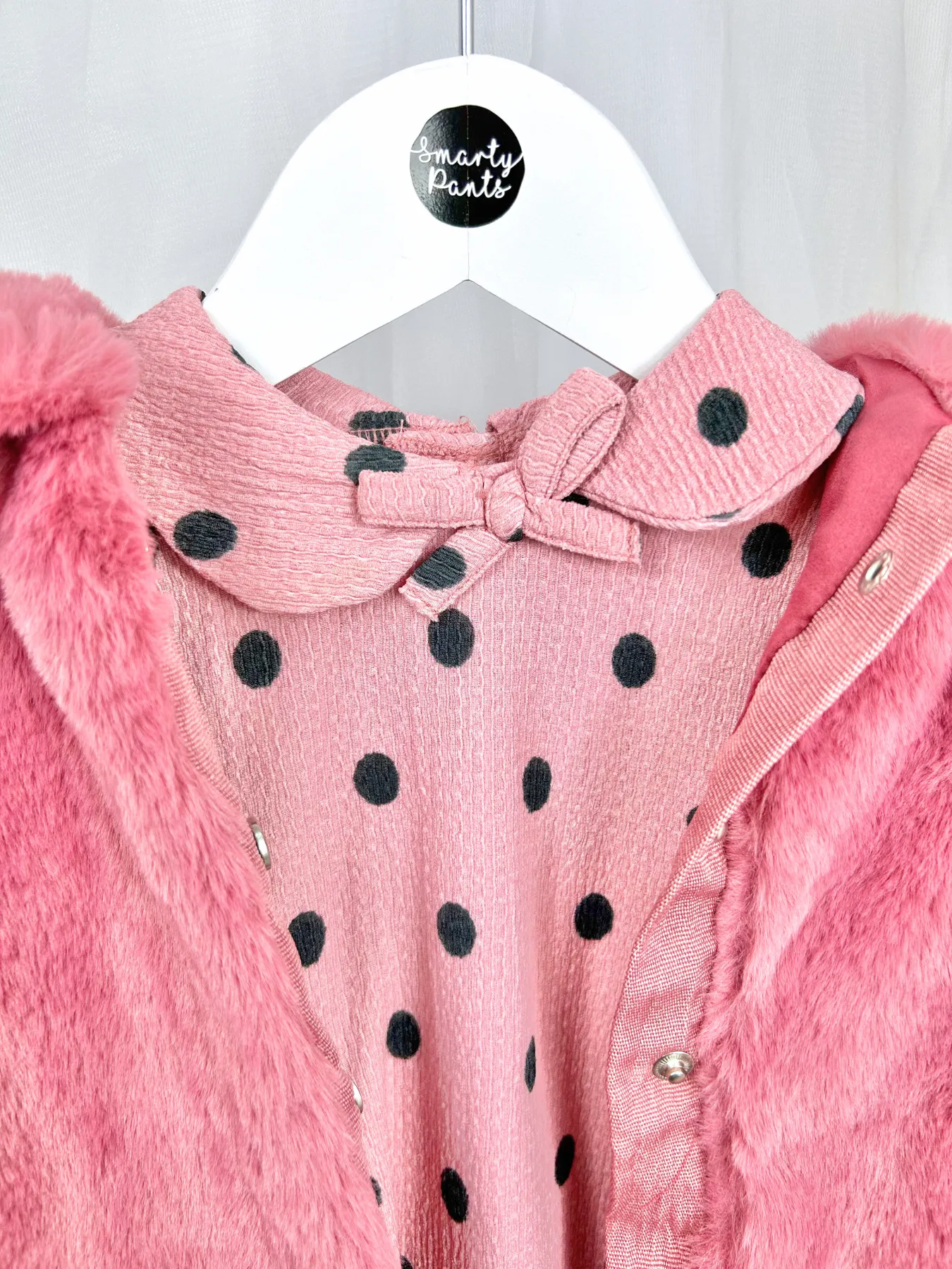 Girls Pink Polka Dot Dress & Faux Fur Jacket Set