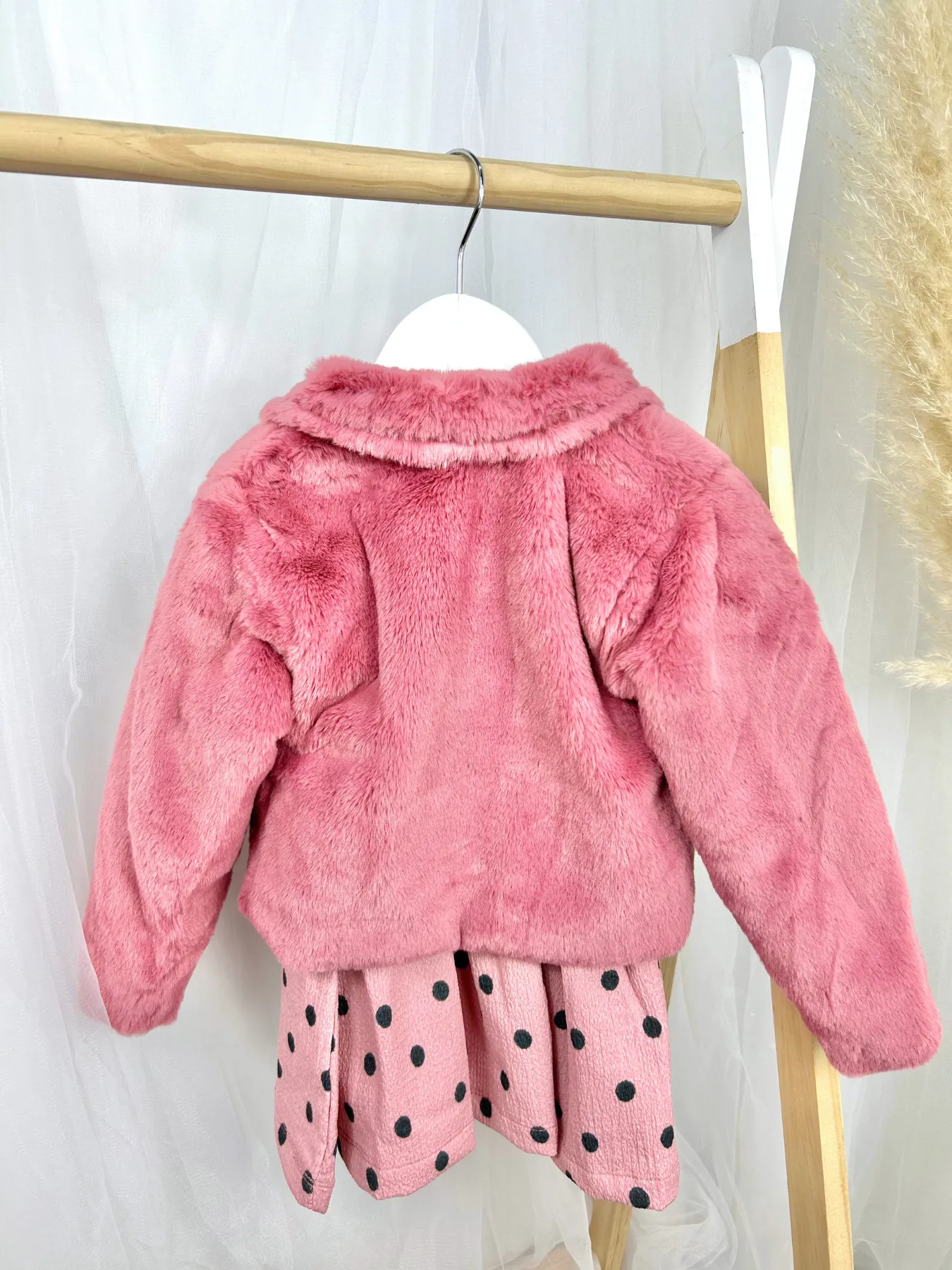 Girls Pink Polka Dot Dress & Faux Fur Jacket Set
