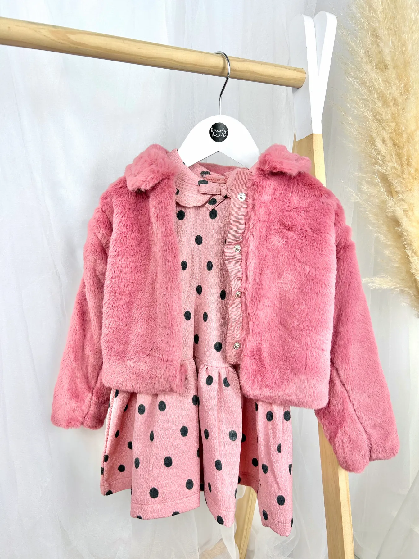 Girls Pink Polka Dot Dress & Faux Fur Jacket Set