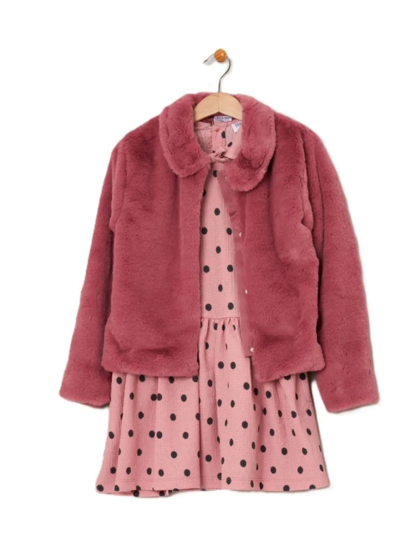 Girls Pink Polka Dot Dress & Faux Fur Jacket Set