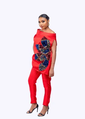 Goddess Pant set (Red)  - Mikado silk with multicolor sequin