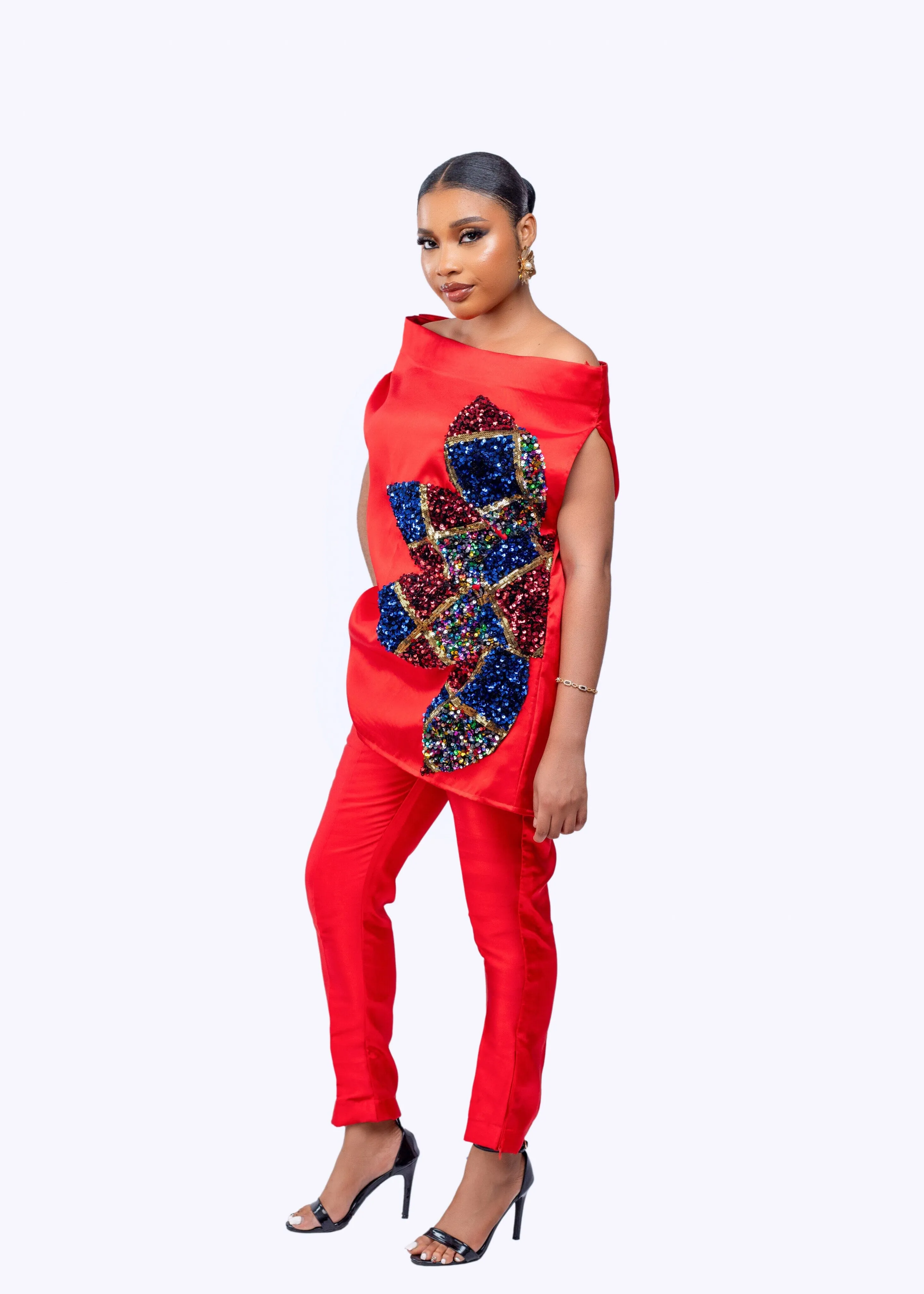 Goddess Pant set (Red)  - Mikado silk with multicolor sequin