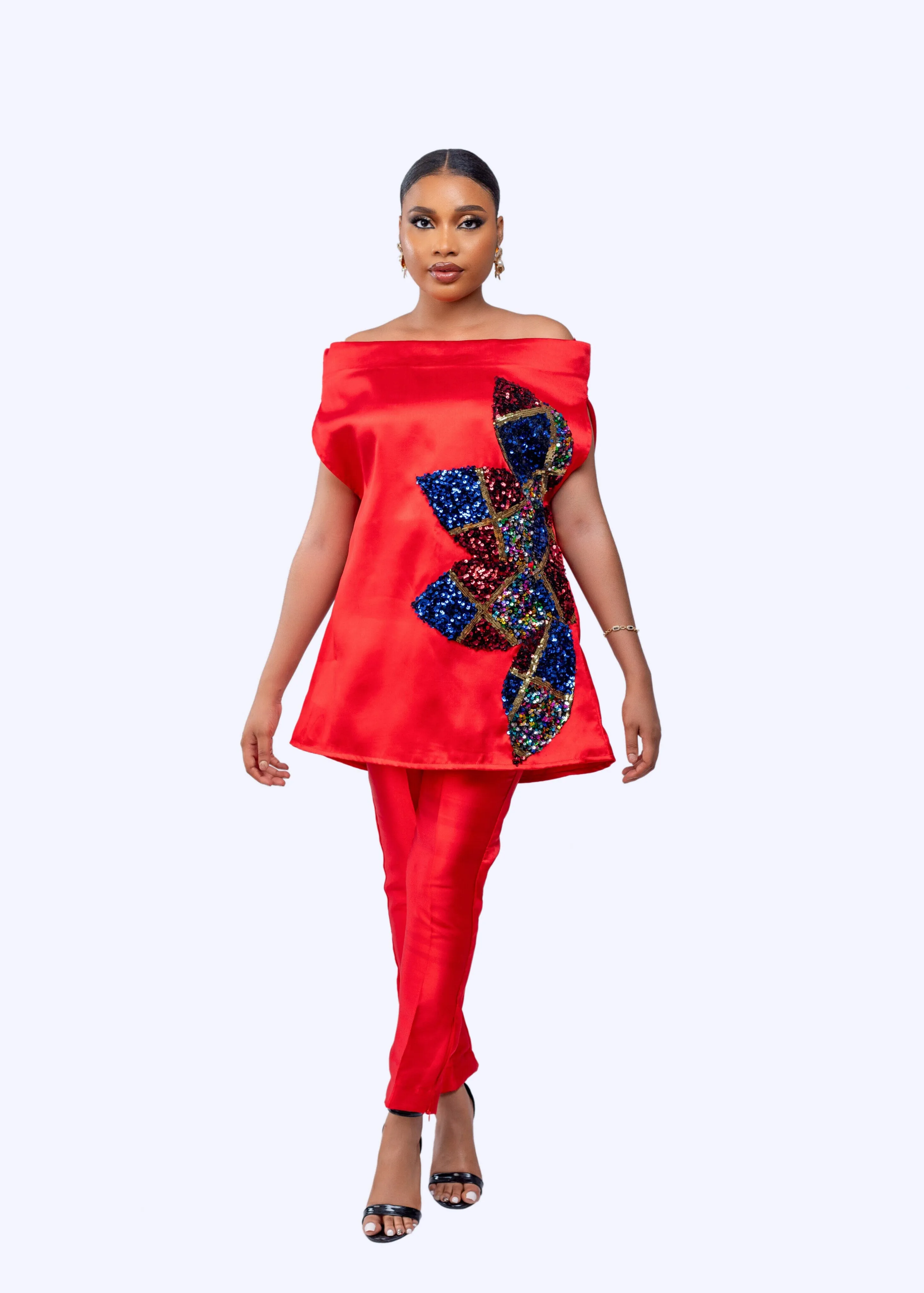Goddess Pant set (Red)  - Mikado silk with multicolor sequin
