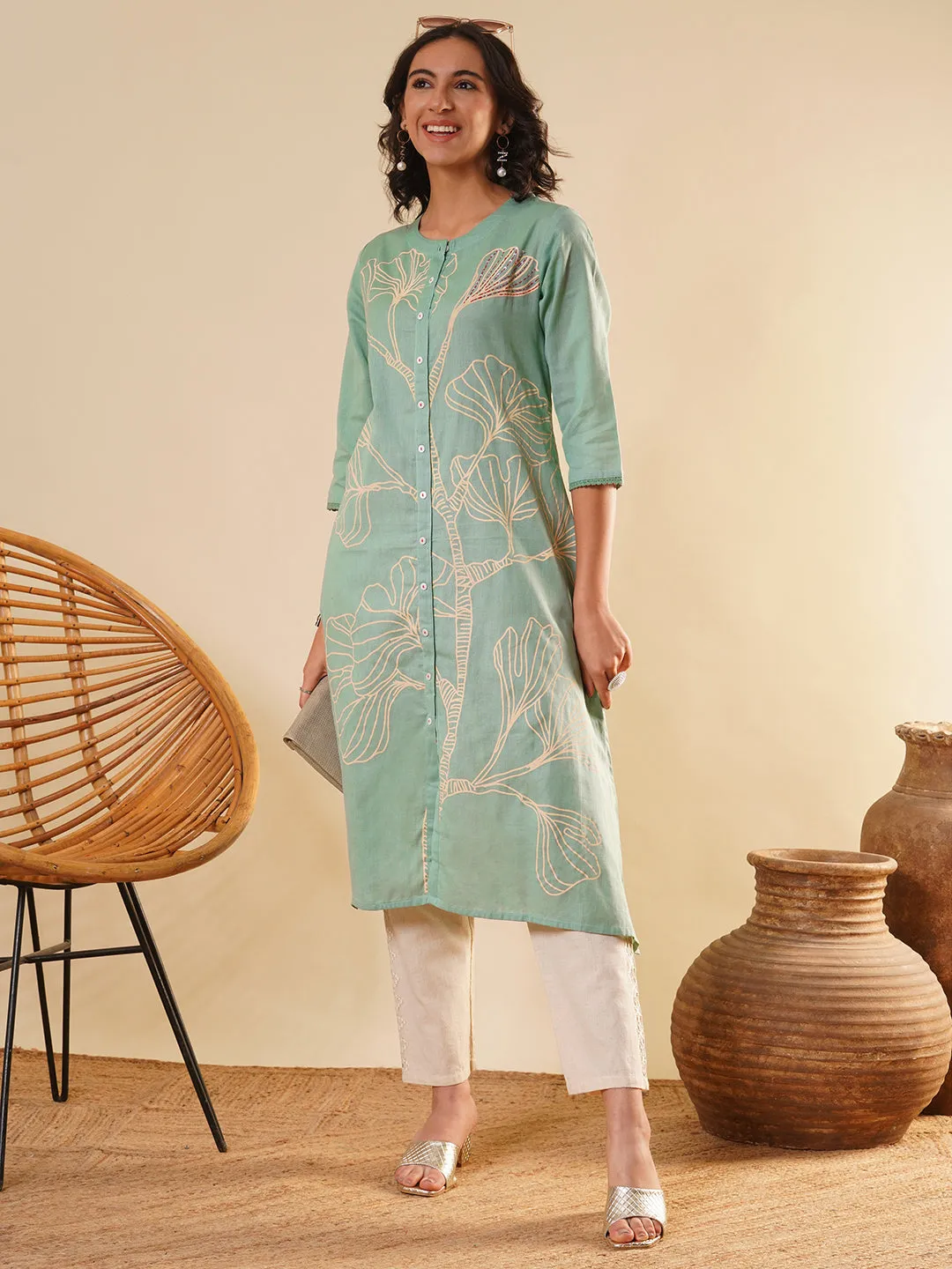 Green Comfort Fit Cotton Kurta for Women Online in India - Zola