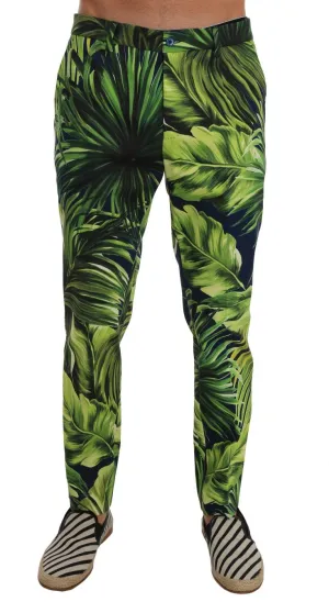 Green Leaves Print Cotton Slim Pants