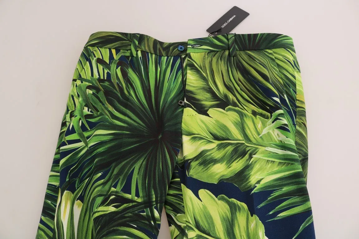 Green Leaves Print Cotton Slim Pants