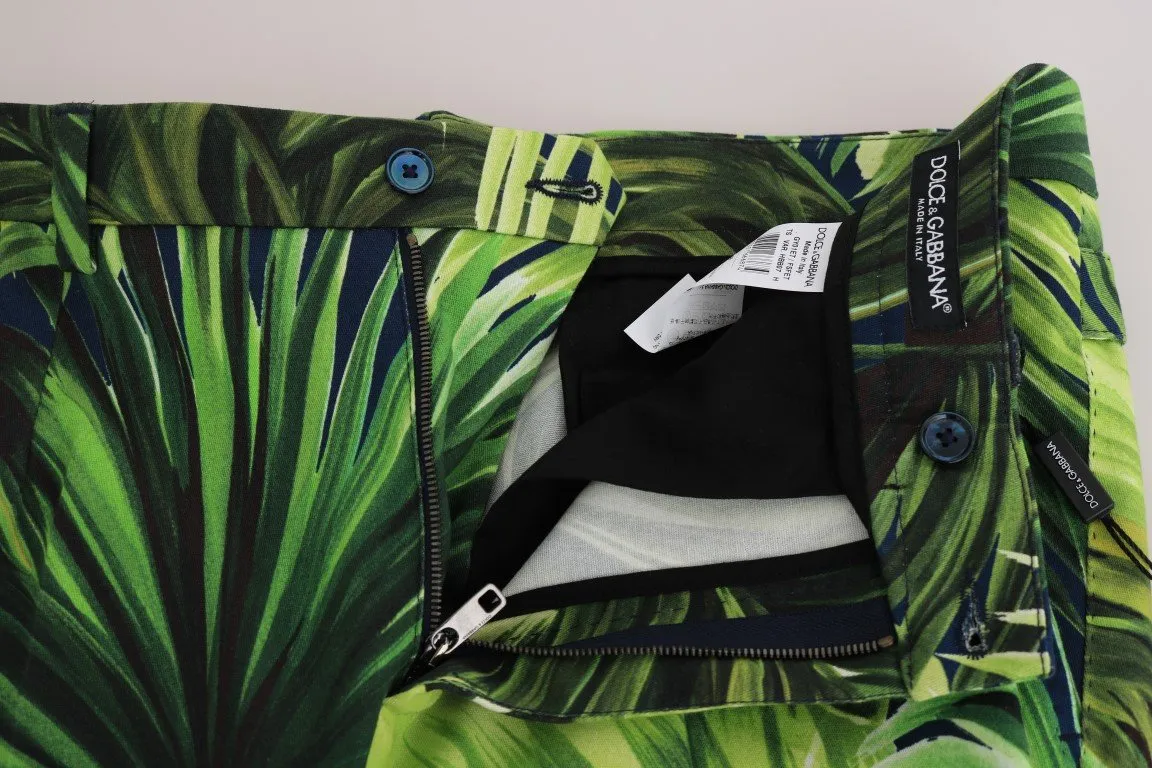 Green Leaves Print Cotton Slim Pants