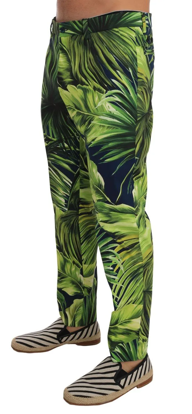 Green Leaves Print Cotton Slim Pants