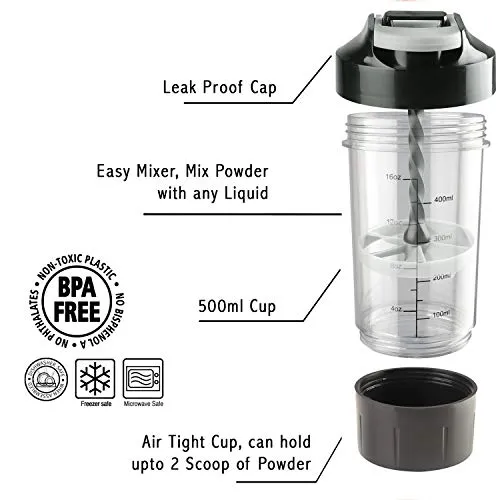 Haans Cyclone Protein Shaker Bottle for Gym 500ml - Black