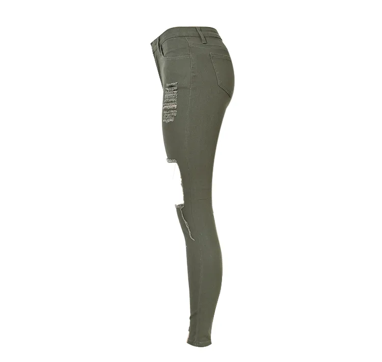 High Waist Slim Hole Army Green Large Size Jeans