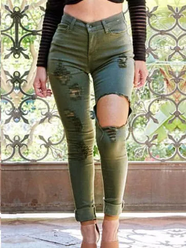High Waist Slim Hole Army Green Large Size Jeans