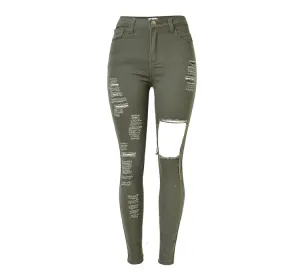 High Waist Slim Hole Army Green Large Size Jeans