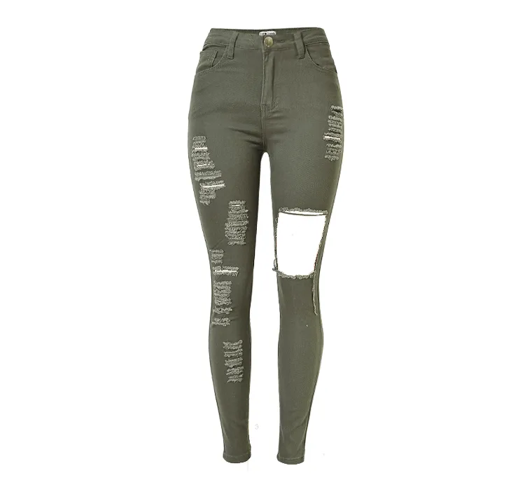 High Waist Slim Hole Army Green Large Size Jeans
