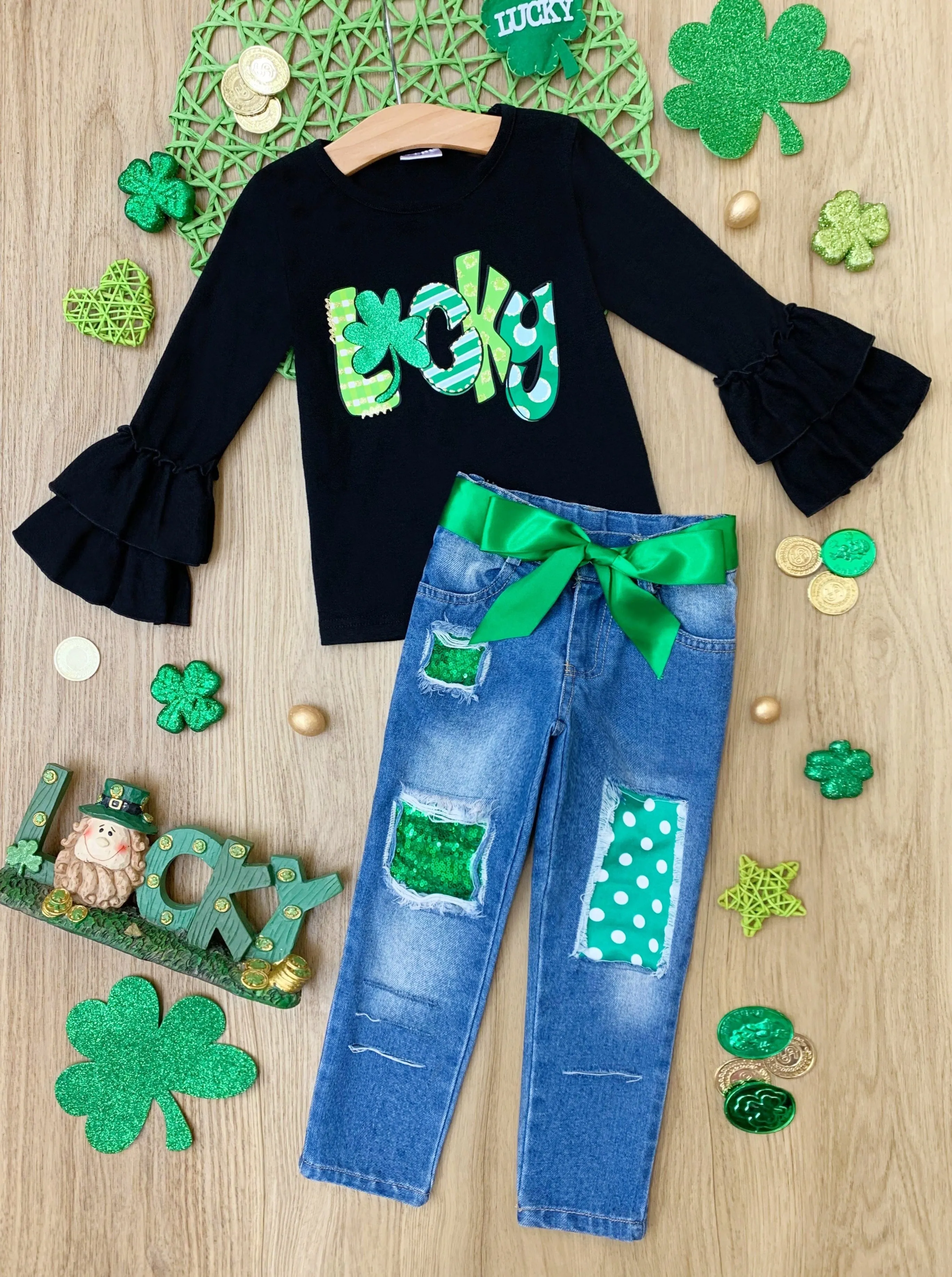 I'm Lucky Patched Jeans Set