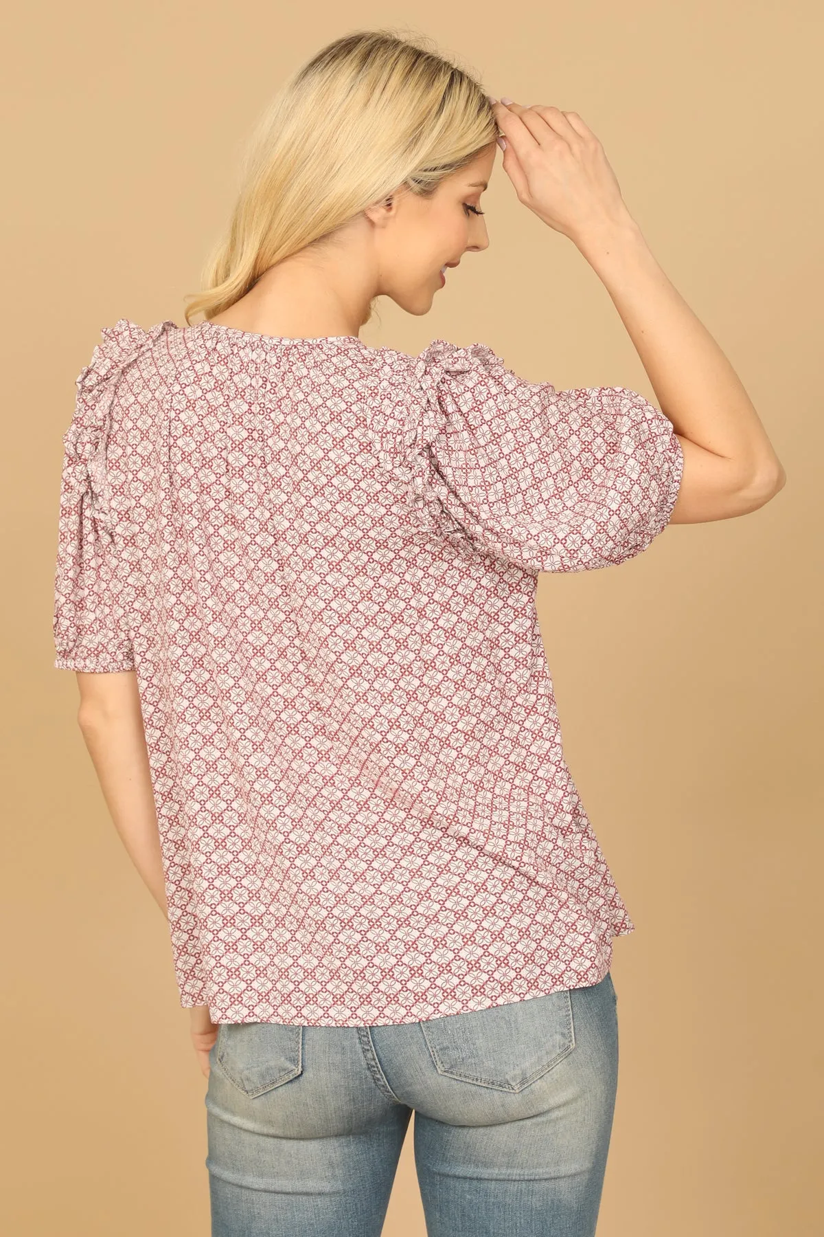 KEYHOLE TIE PUFF SLEEVE PRINTED TOP