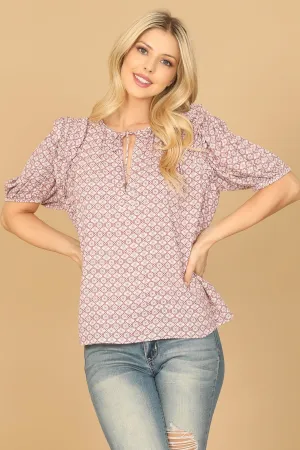 KEYHOLE TIE PUFF SLEEVE PRINTED TOP