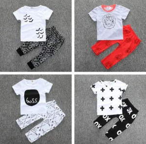 kids baby summer sets born cotton short sleeved dots monster cartoon T-shirt   pants children suit 0-3Y