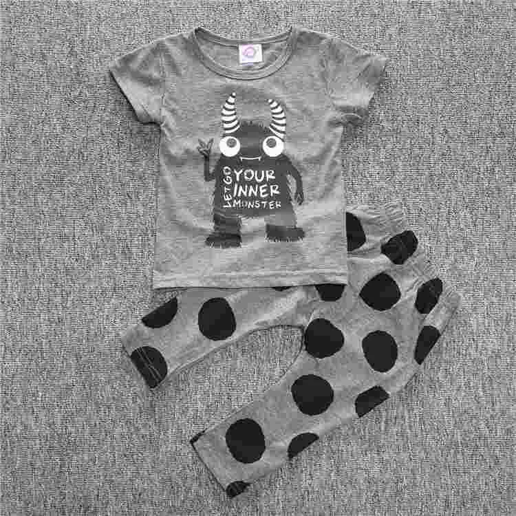kids baby summer sets born cotton short sleeved dots monster cartoon T-shirt   pants children suit 0-3Y