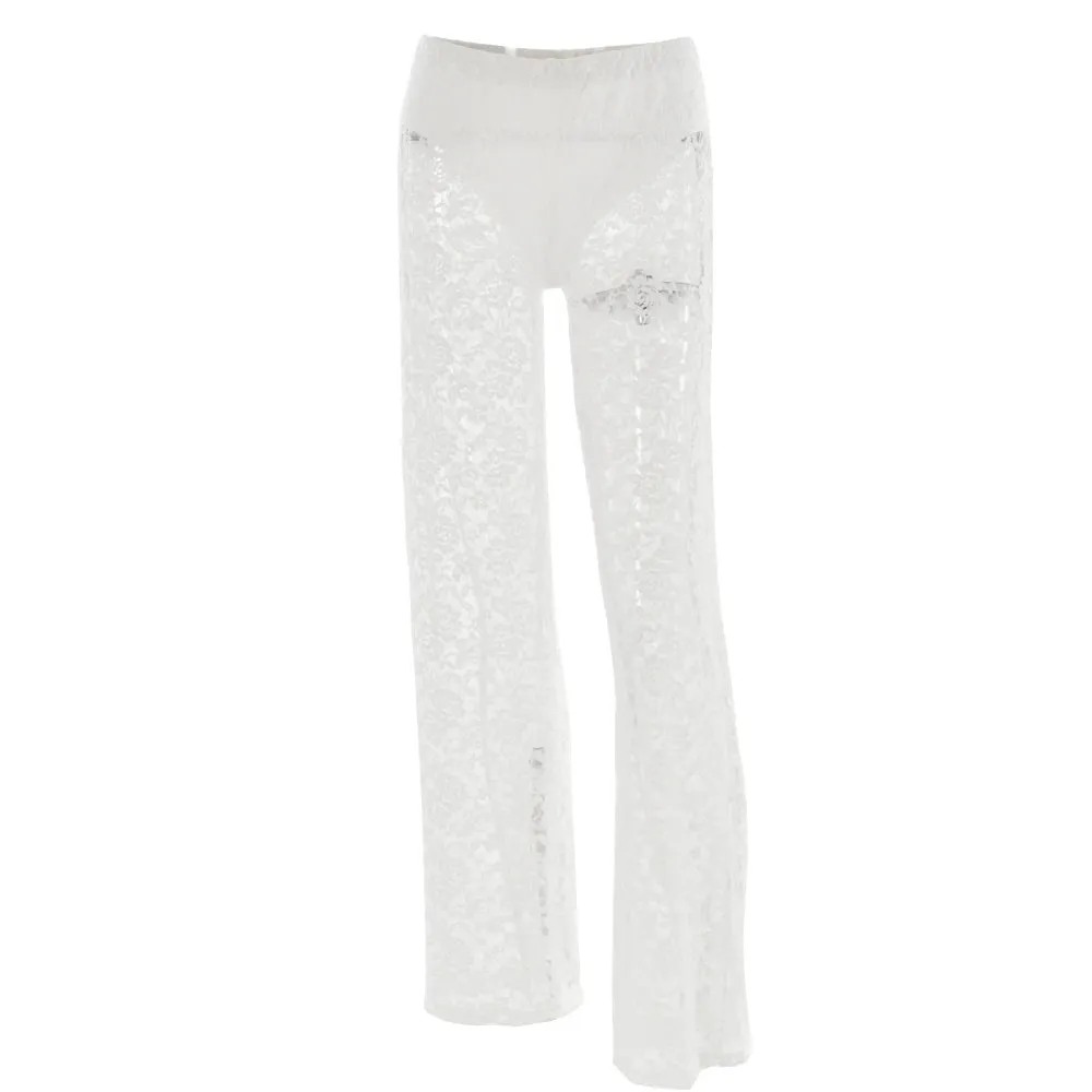 Lace High Waist See-Through  Pants For Women Wide Leg Baggy Hollow Out Trousers High Fashion Straight Pants