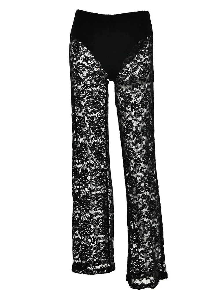 Lace High Waist See-Through  Pants For Women Wide Leg Baggy Hollow Out Trousers High Fashion Straight Pants