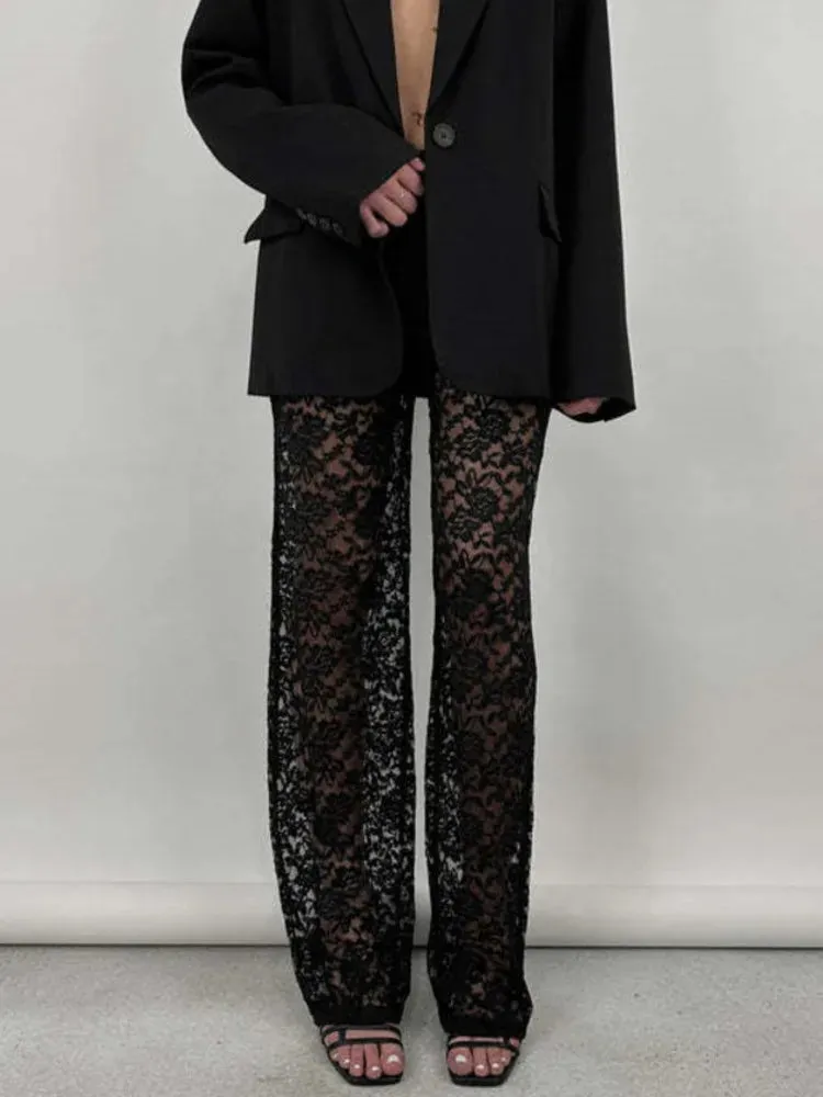 Lace High Waist See-Through  Pants For Women Wide Leg Baggy Hollow Out Trousers High Fashion Straight Pants