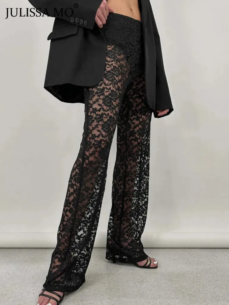 Lace High Waist See-Through  Pants For Women Wide Leg Baggy Hollow Out Trousers High Fashion Straight Pants