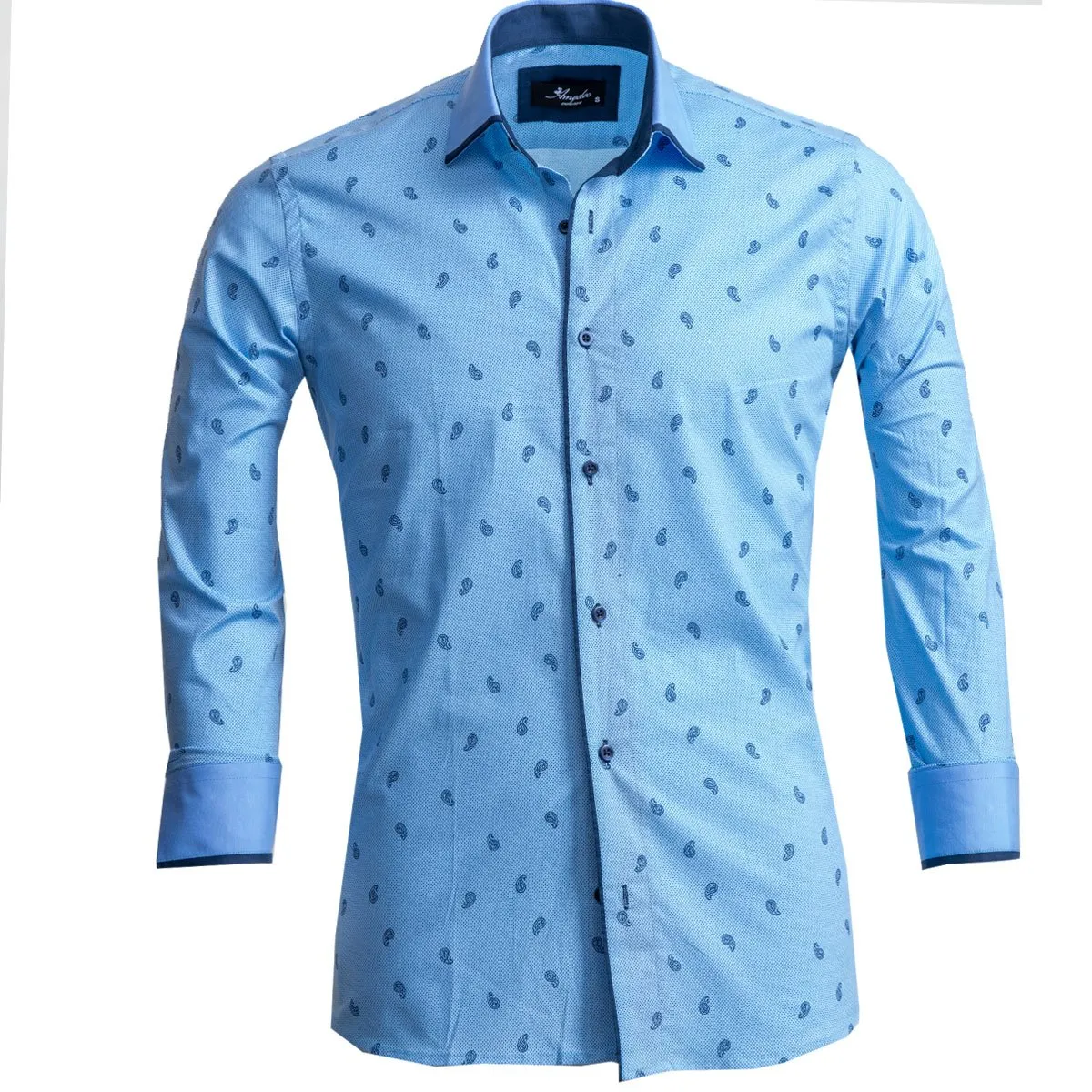 Light Blue Paisley Mens Slim Fit Designer Dress Shirt - tailored Cotton Shirts for Work and Casual