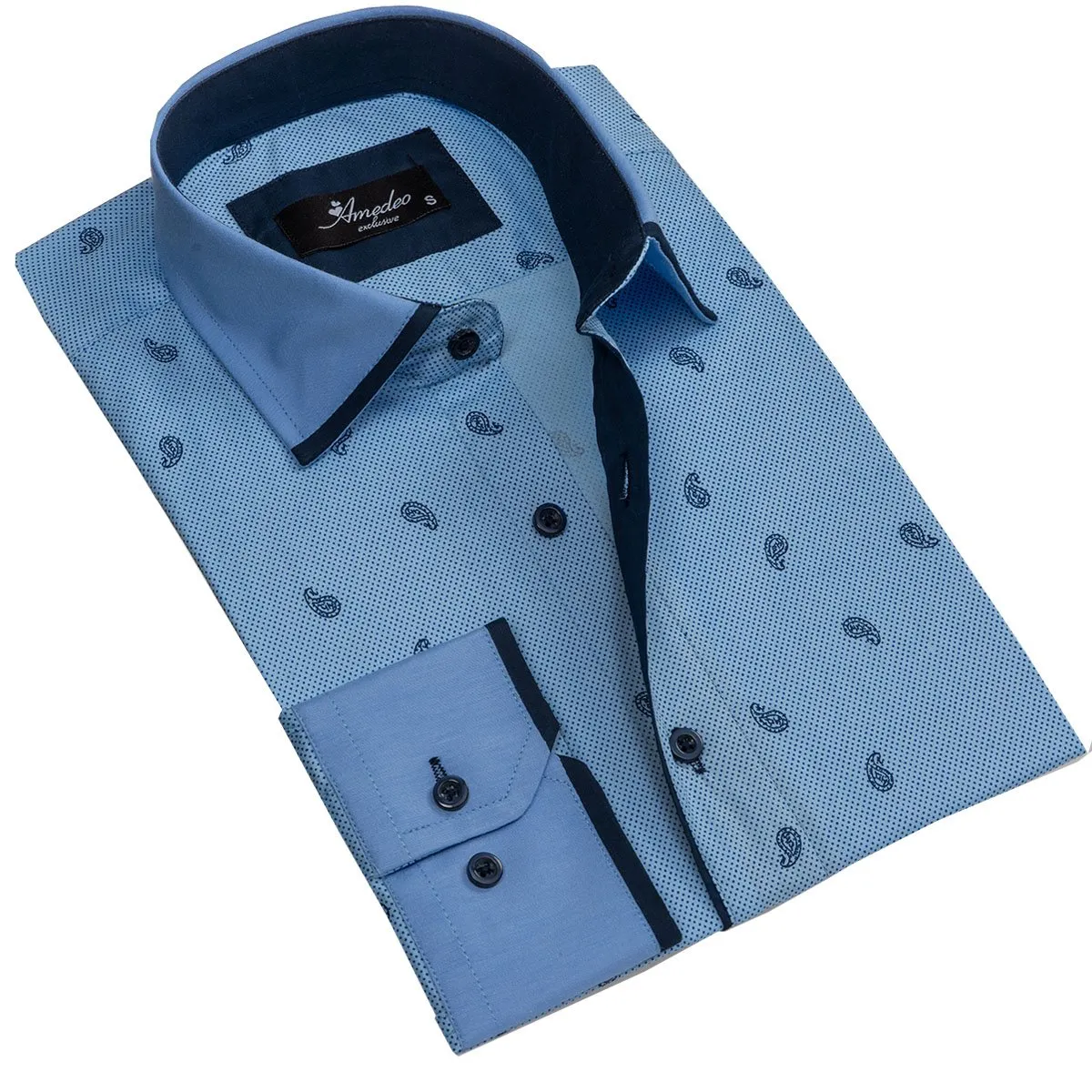 Light Blue Paisley Mens Slim Fit Designer Dress Shirt - tailored Cotton Shirts for Work and Casual