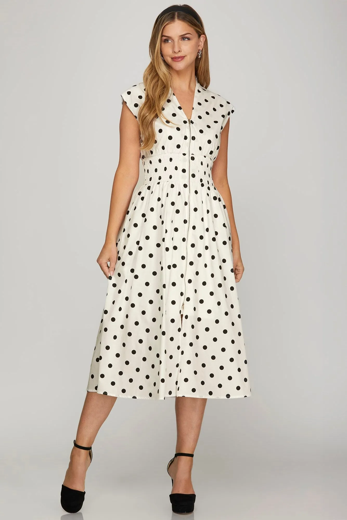 Looking at You Front Zip Polka Dot Midi Dress in Off White and Black - Misses and Curvy
