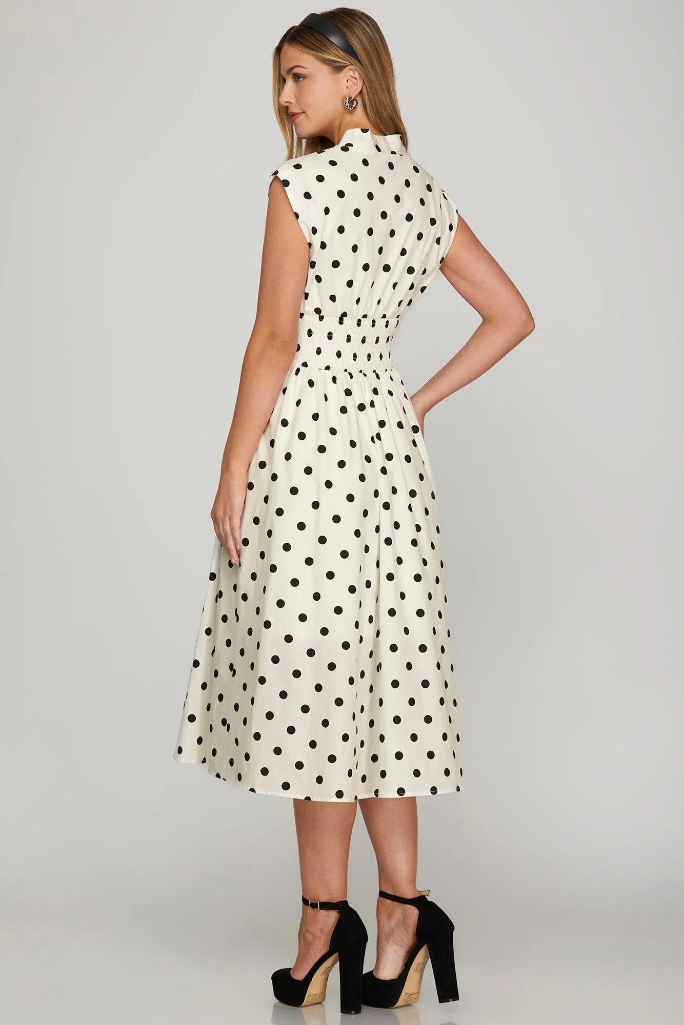 Looking at You Front Zip Polka Dot Midi Dress in Off White and Black - Misses and Curvy