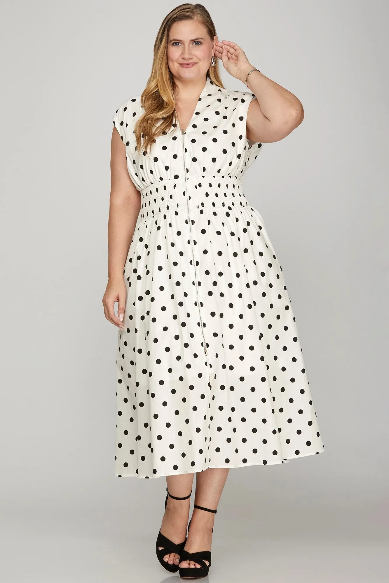 Looking at You Front Zip Polka Dot Midi Dress in Off White and Black - Misses and Curvy