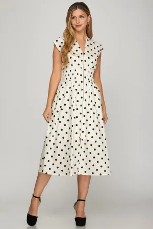 Looking at You Front Zip Polka Dot Midi Dress in Off White and Black - Misses and Curvy