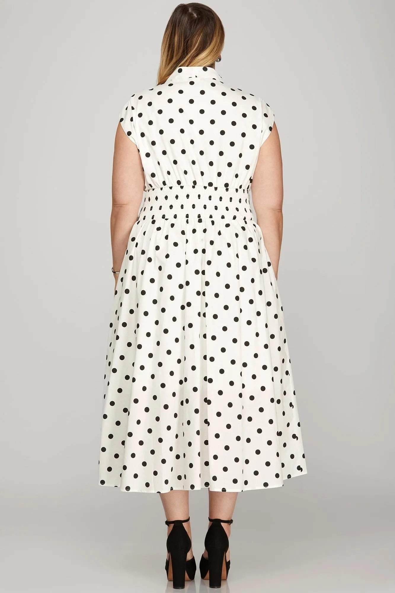 Looking at You Front Zip Polka Dot Midi Dress in Off White and Black - Misses and Curvy