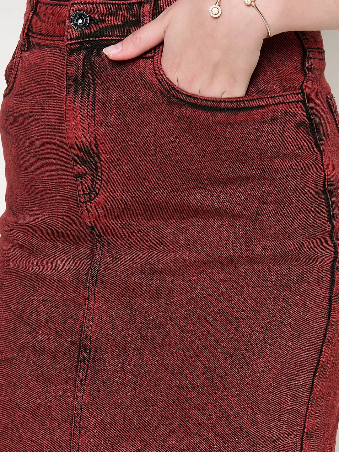 Madame Acid Wash Cotton Blend Red Denim Skirt