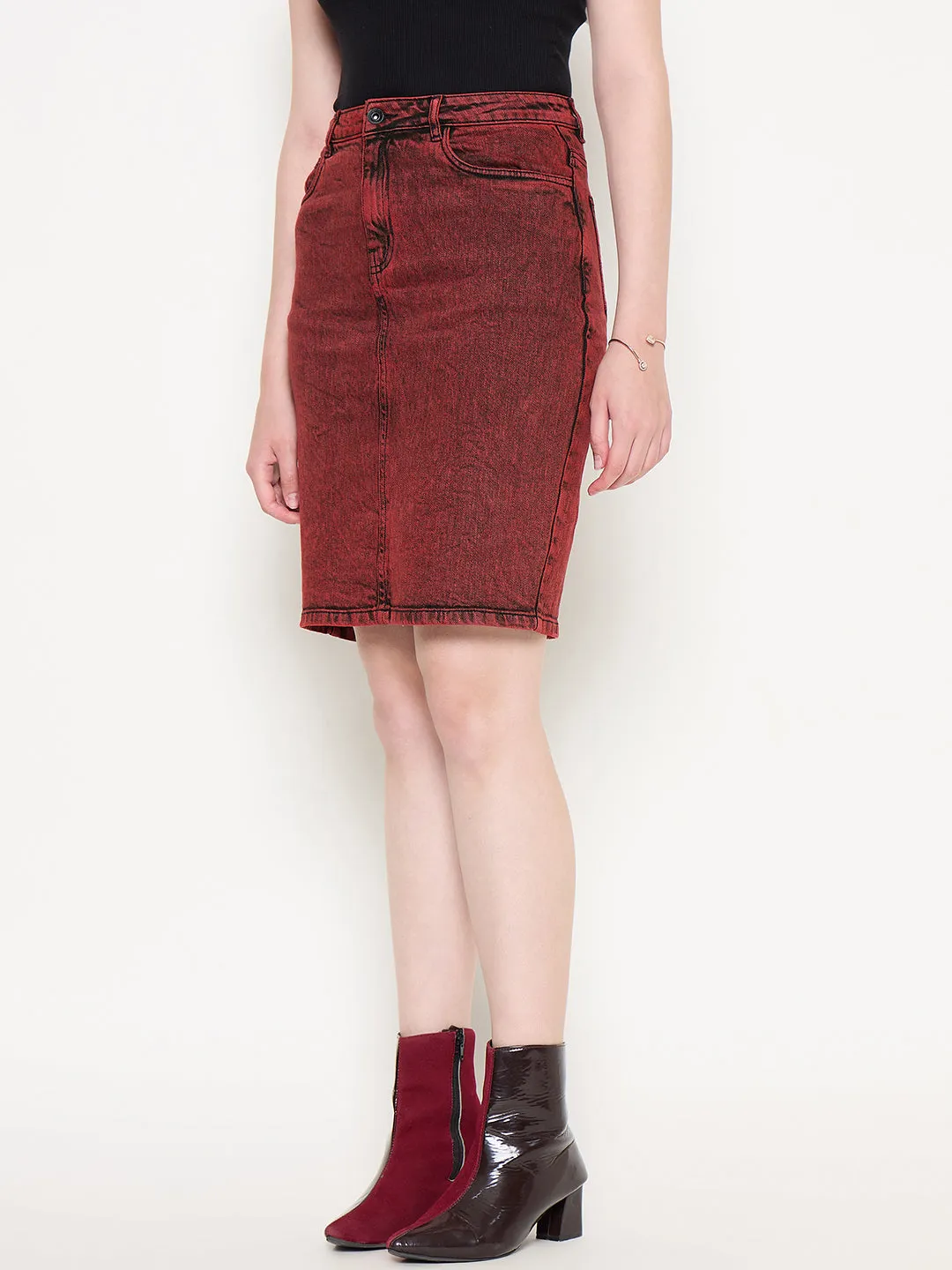 Madame Acid Wash Cotton Blend Red Denim Skirt