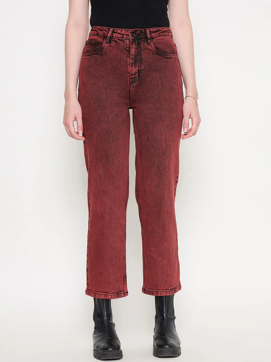 Madame Cotton Blend Acid Wash Red Denim