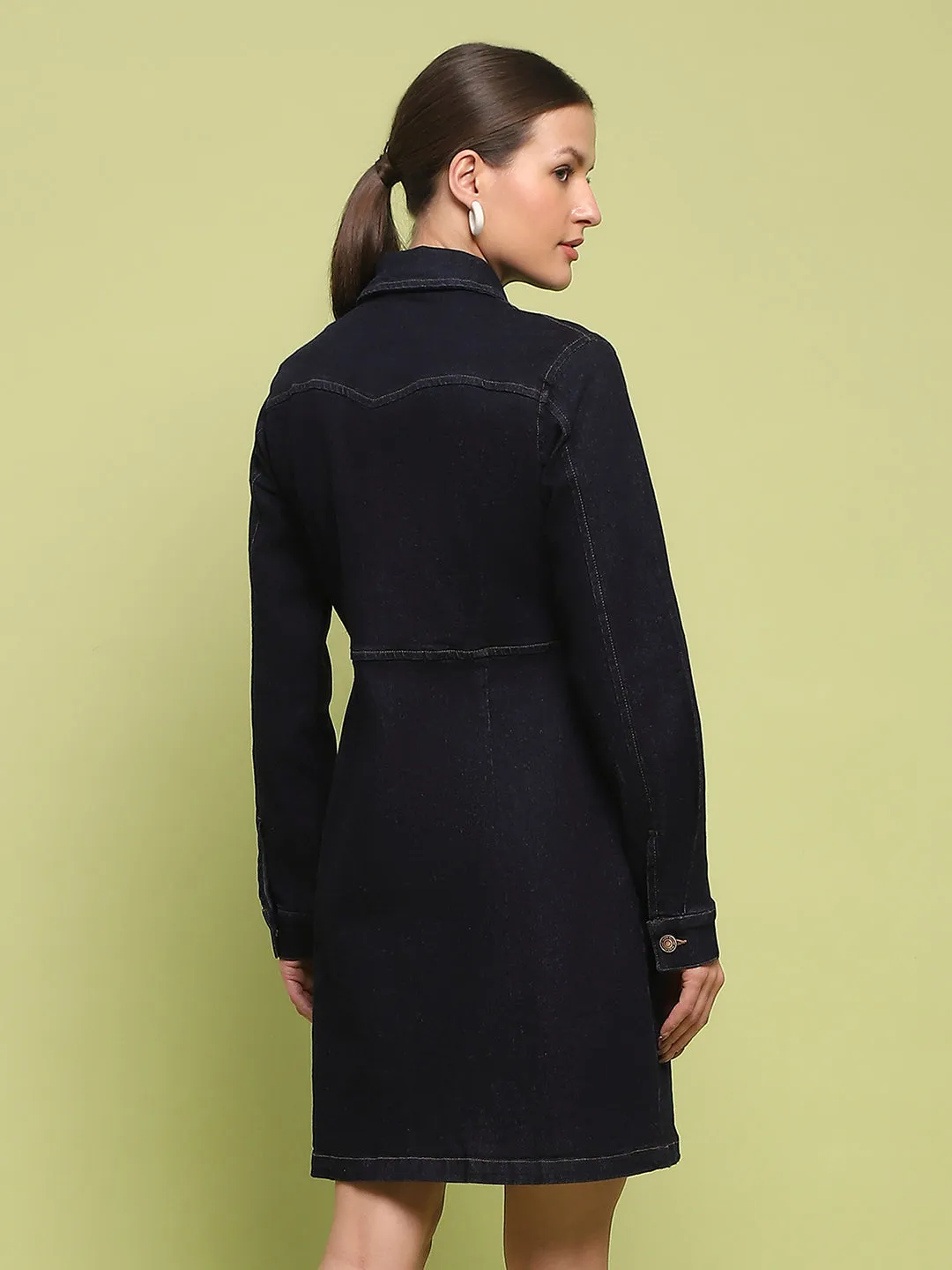 Madame Cotton Blend Belted Dark Indigo Mini Denim Dress