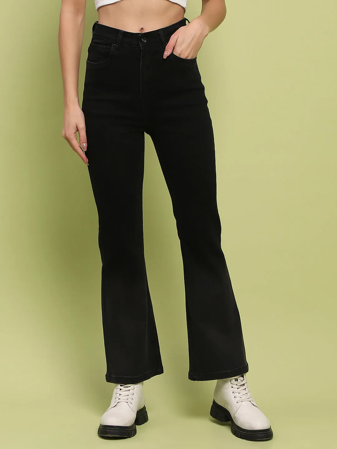 Madame Cotton Blend Black Flared Denim Jeans