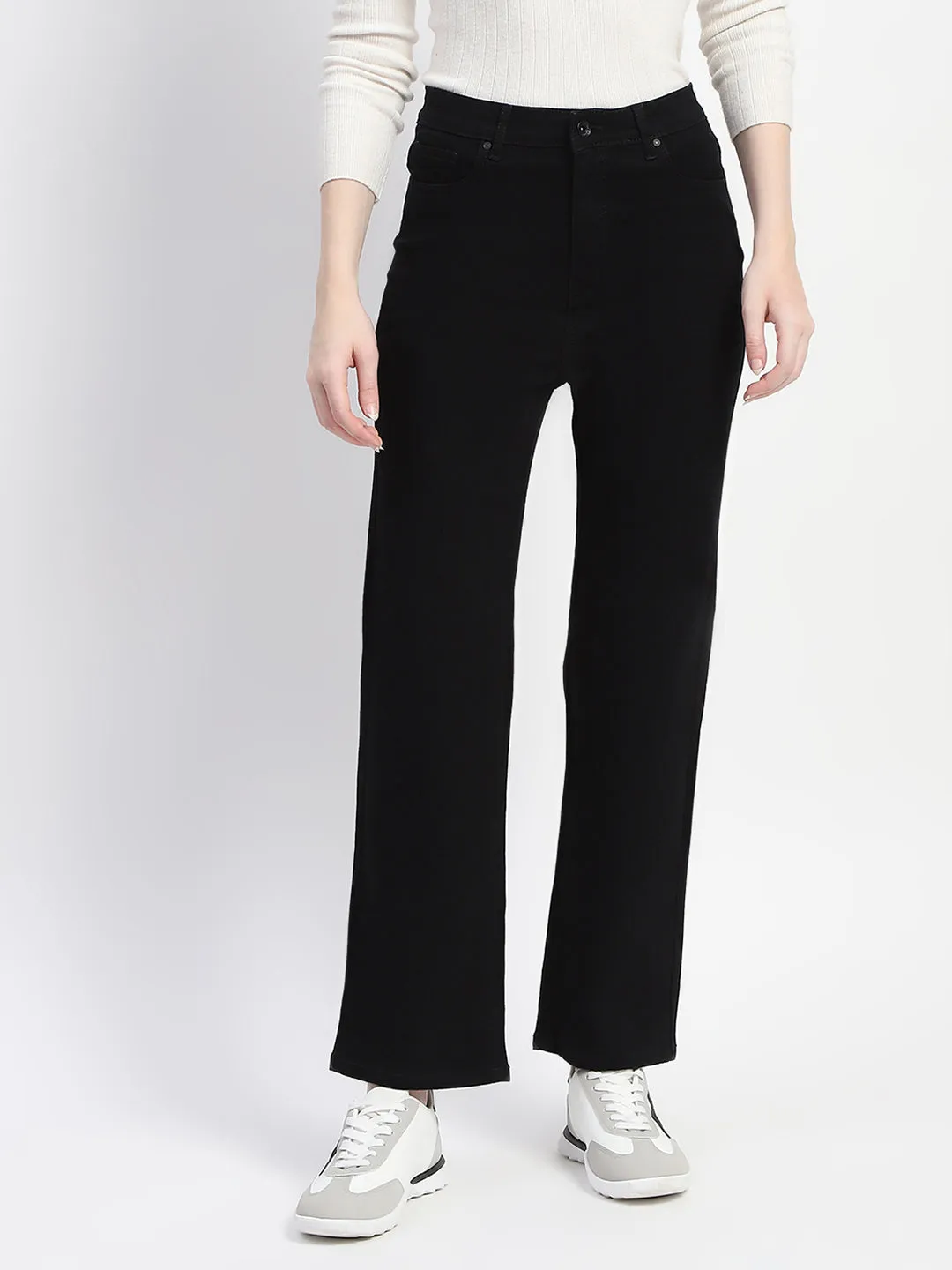 Madame Solid Black Straight Fit Cotton Denim
