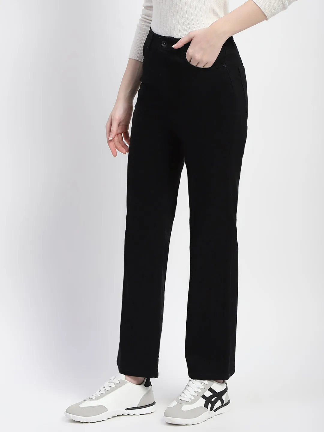Madame Solid Black Straight Fit Cotton Denim