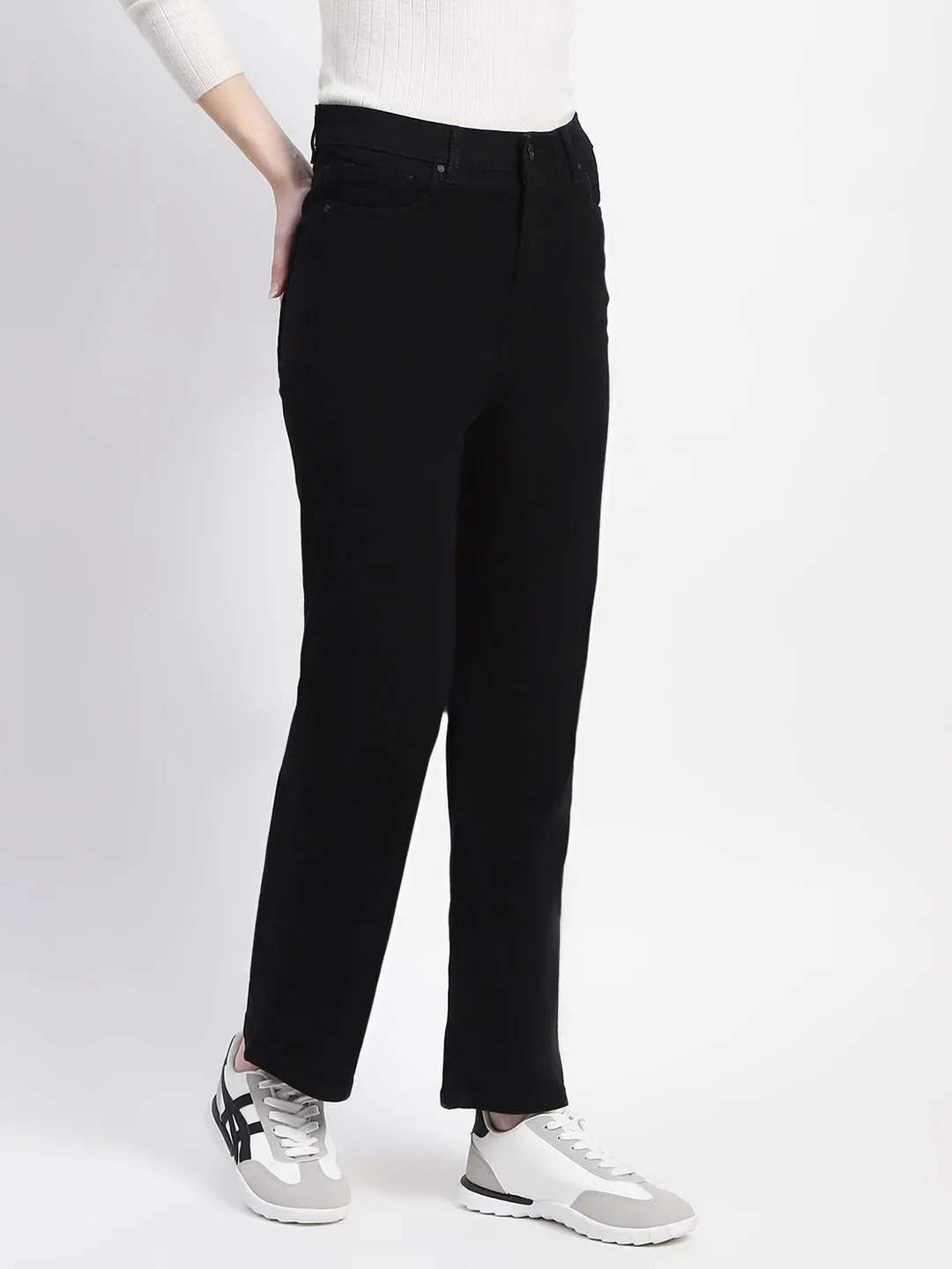 Madame Solid Black Straight Fit Cotton Denim
