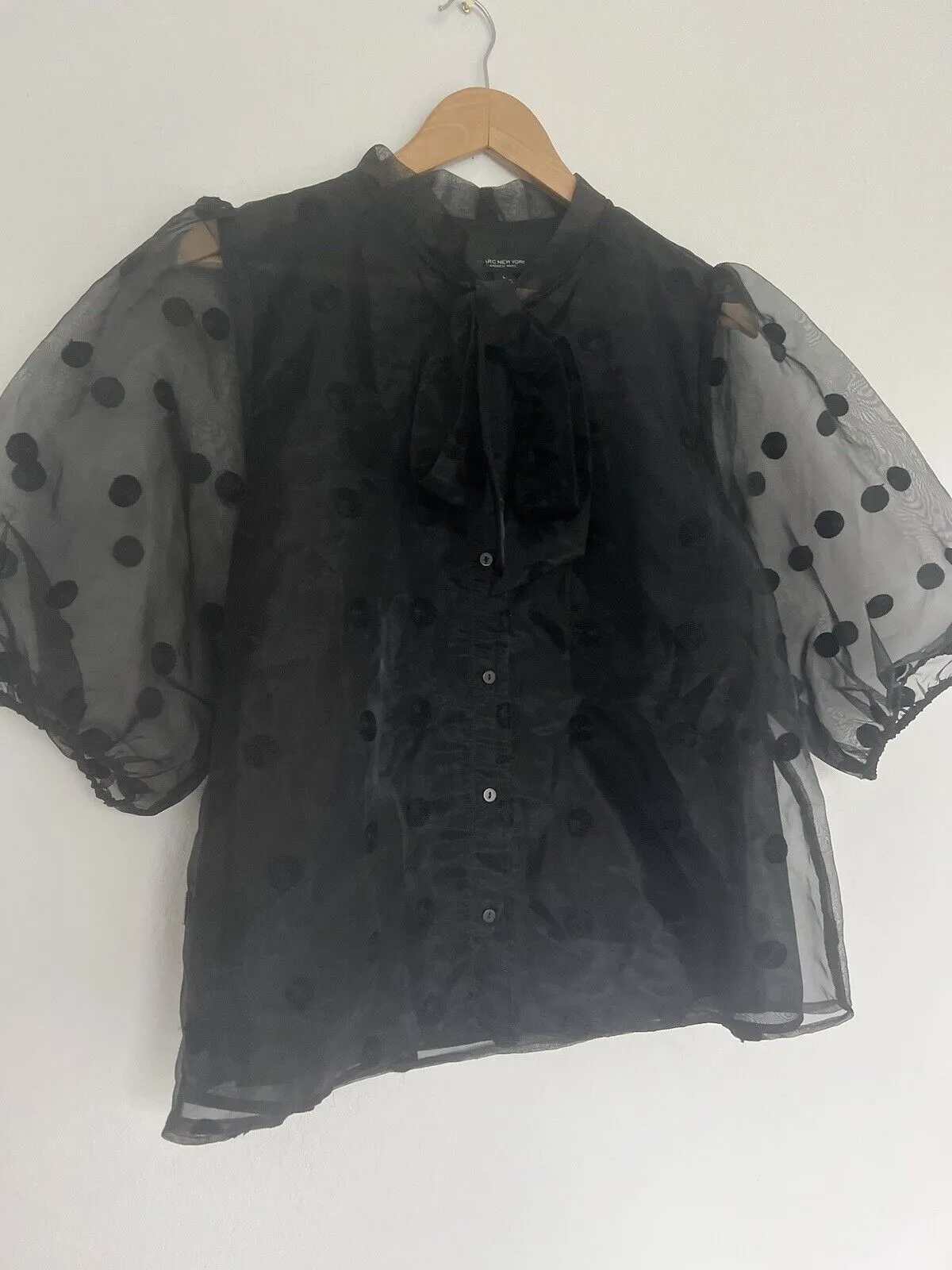 MARC NY Andrew Marc Black Top Sz L Polka Dot Puff Sheer Sleeve Tie Neck Blouse