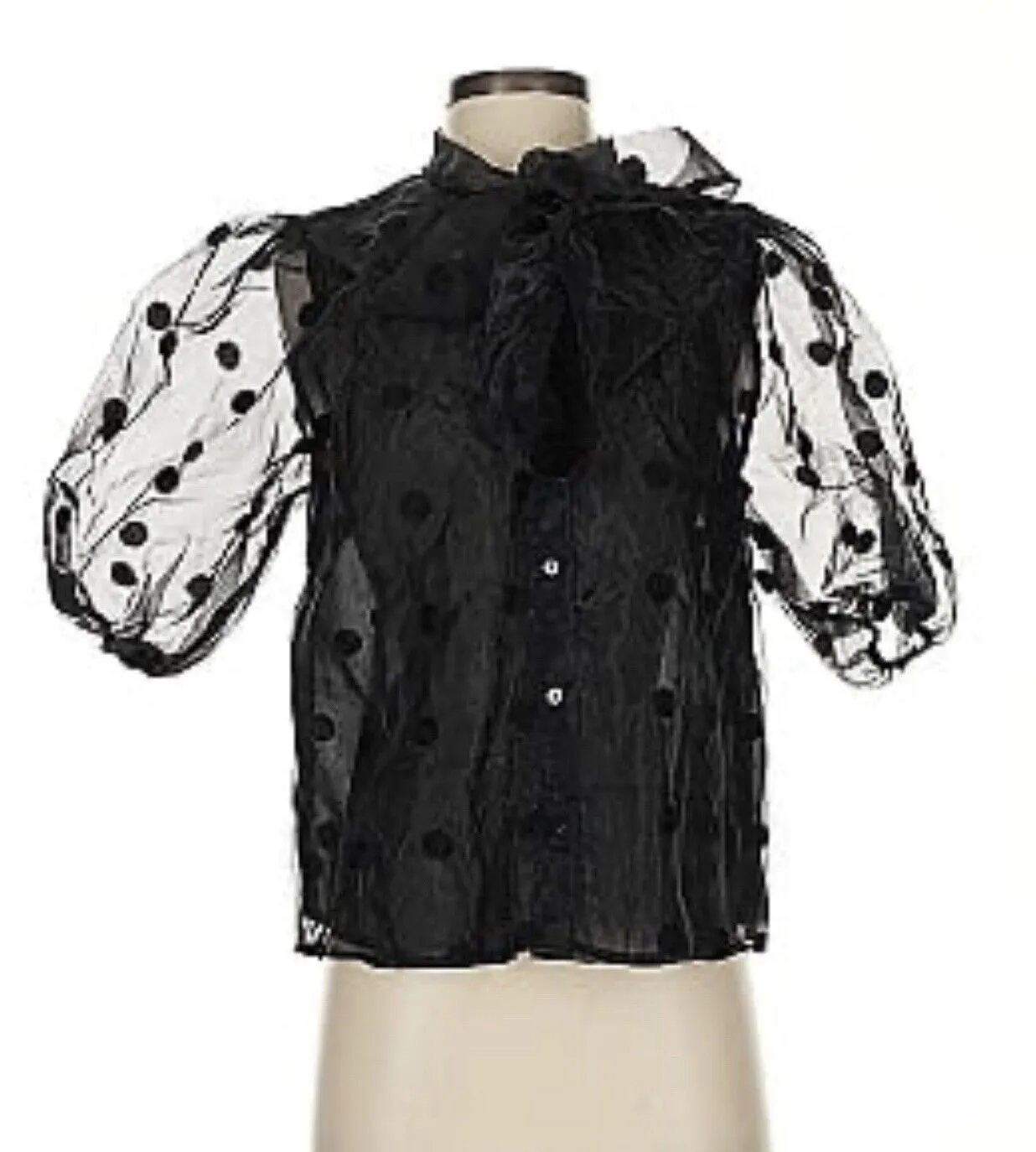 MARC NY Andrew Marc Black Top Sz L Polka Dot Puff Sheer Sleeve Tie Neck Blouse