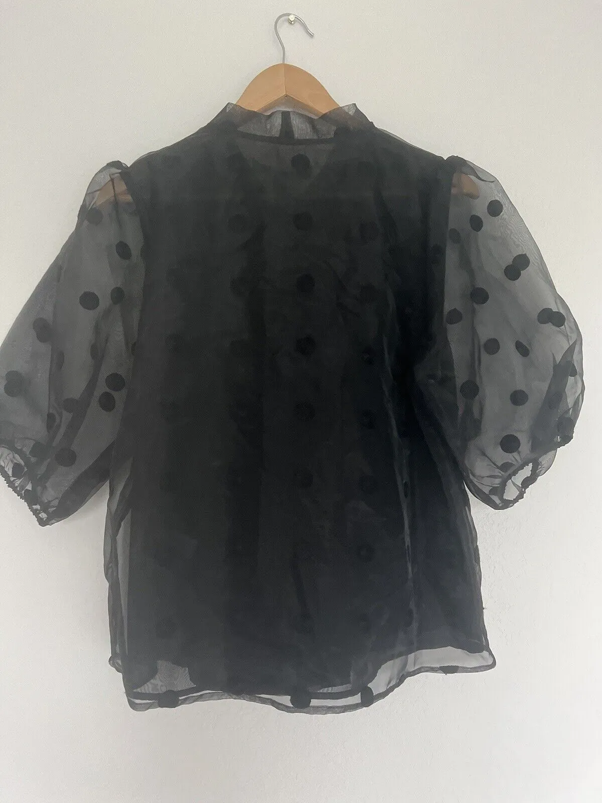 MARC NY Andrew Marc Black Top Sz L Polka Dot Puff Sheer Sleeve Tie Neck Blouse